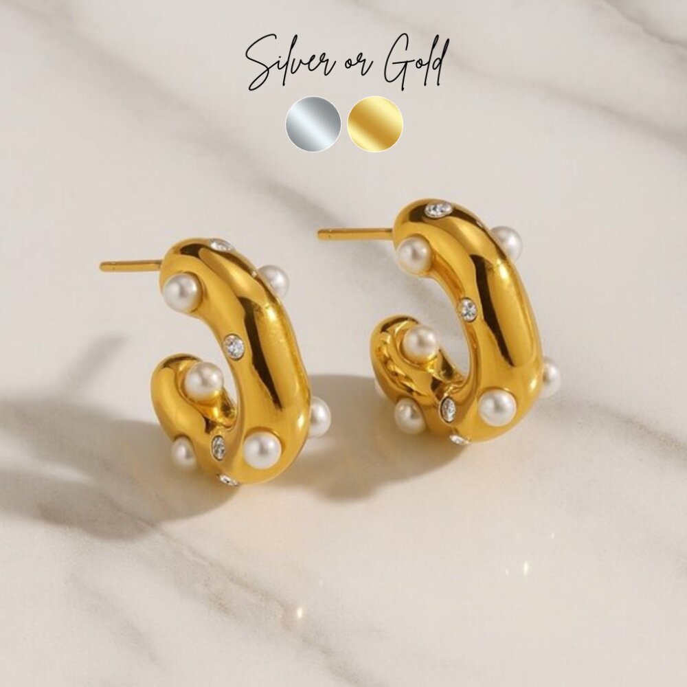 “Bella” {Gold OR Silver} 18K Stainless Steel Pearl Hoops